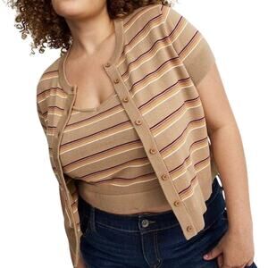 Torrid Crewneck Short Sleeve Tan Striped Button Up Cardigan Sweater Size 1X